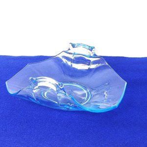 Candy Dish Candle Holder Blue Glass Folded Sides Decorative Handles Vintage